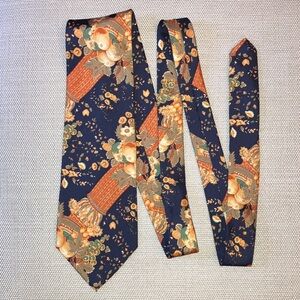 Vintage silk tie, unique & bold fruit and flower theme, navy blue, orange, teal